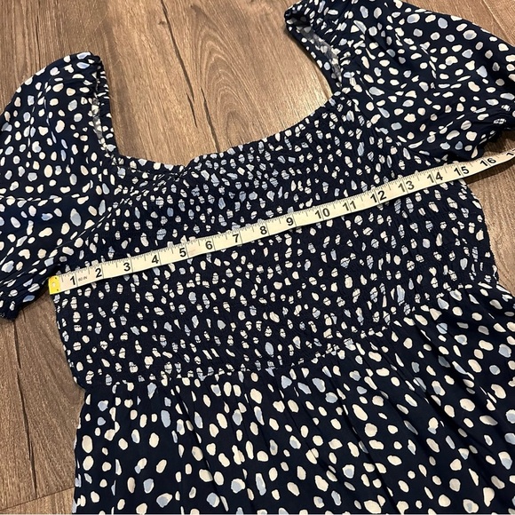 New ROXY Hello Petal Blue Indigo Smocked Mini Dress Sz M Ditsy Dot Peasant NWOT - Picture 7 of 8